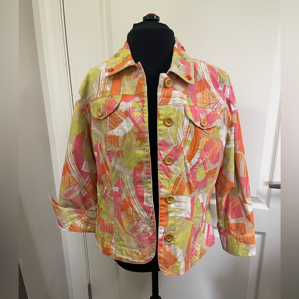 Ruby Rd. Women's Size 8 Multicolor Geometric Jacket 3/4 Sleeve Embellishments